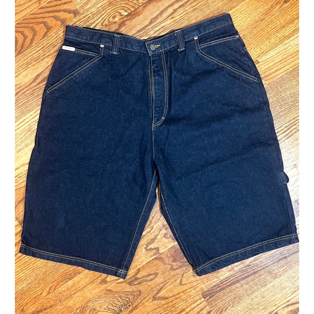 Vintage Johnny‎ Blaze Baggy Denim Carpenter Shorts Indigo Blue Embroidered Flame